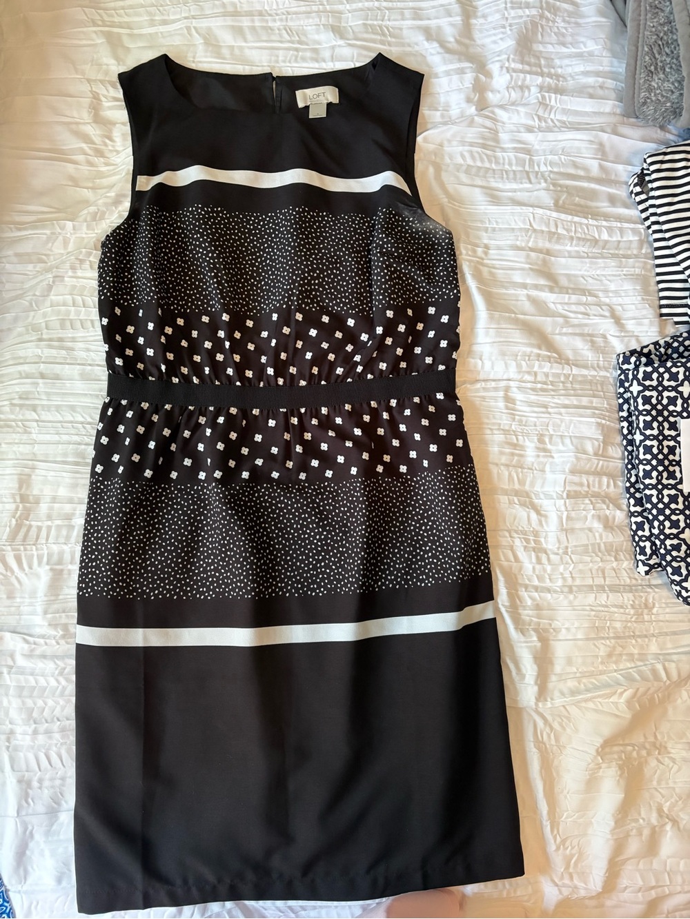 LOFT Black and White Sleeveless Midi Sheath Dress
